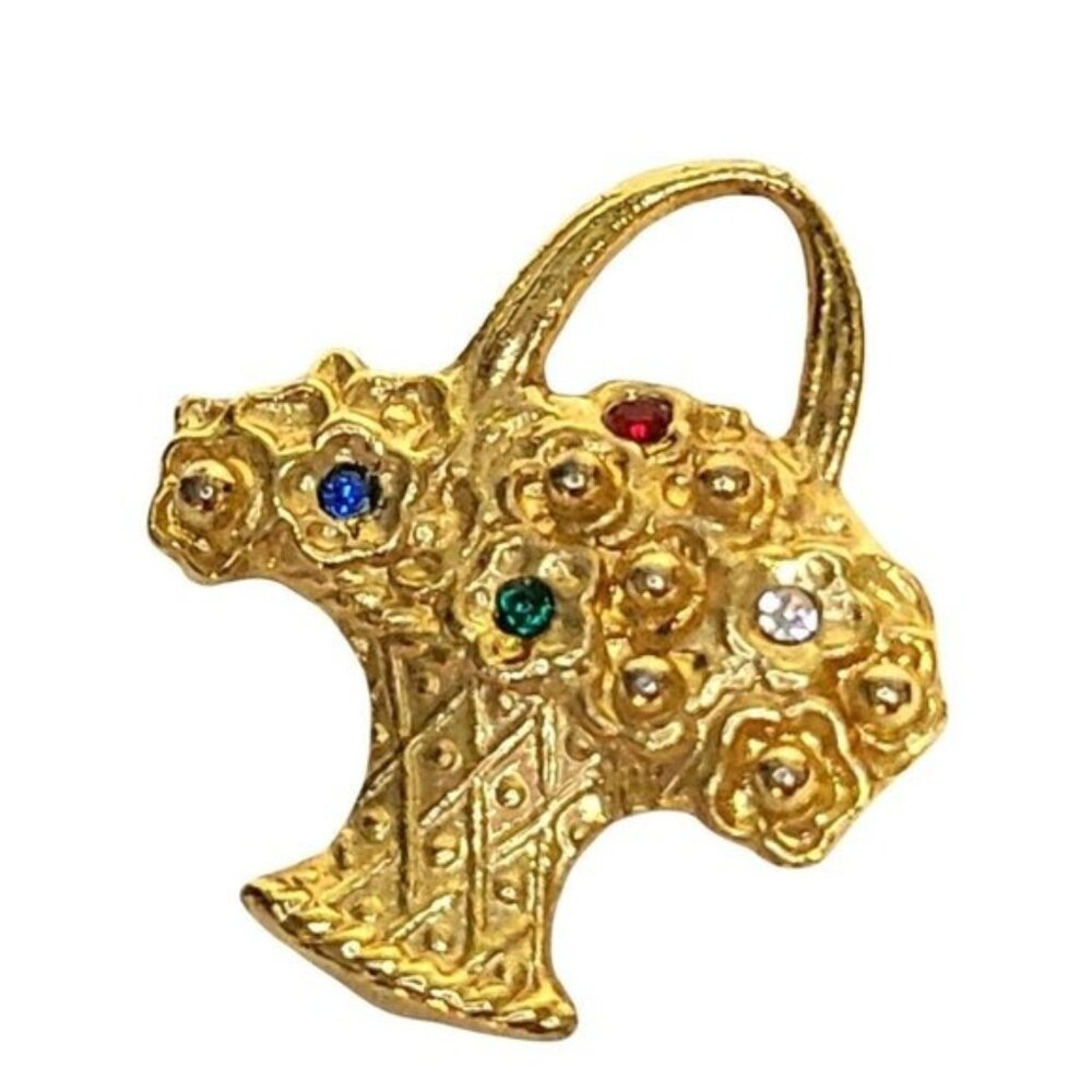 Vintage Gold Tone Basket Rhinestone Flowers 1” Brooch Pin